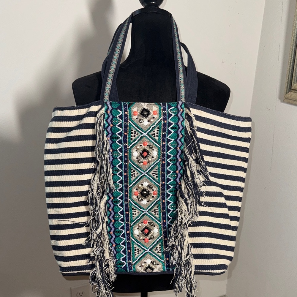 Stephanie Nicole‎ Striped Navy White Tote embellished Panel fringe detail canvas